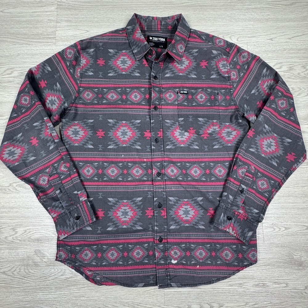 Zoo York Mens Button Down Shirt Large Gray Pink Southwestern Aztec Long Sleeve
